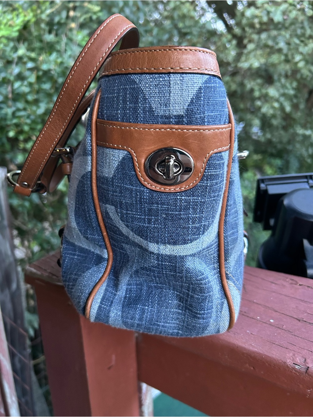 Coach Blue Signature East/West Gallery Denim Tote with Brown Leather Accents - Picture 3 of 14